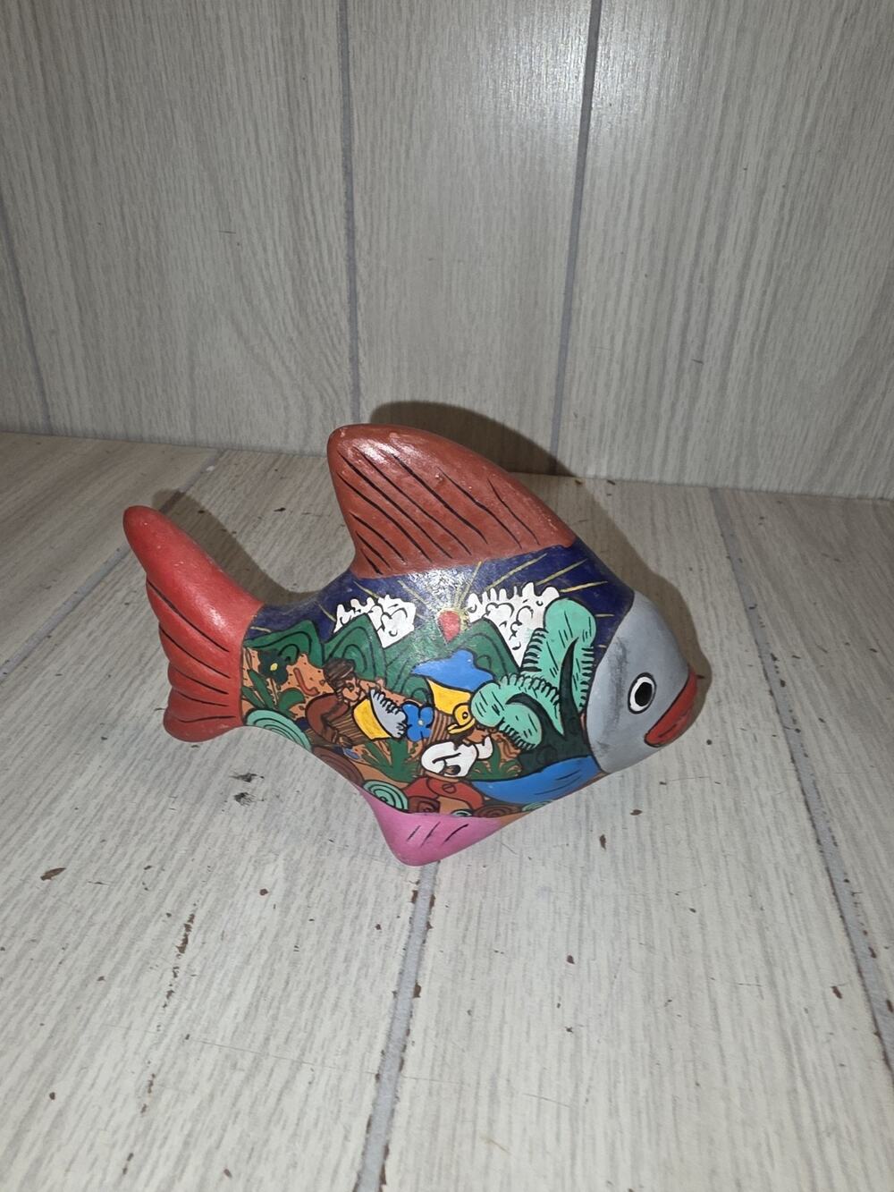 Vintage Mexican Fish Figurine Pottery Terra Cotta Folk Art Handmade Hand Painted